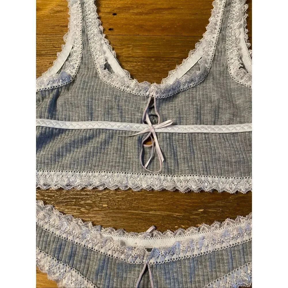 Sexy grey Medium comfort bra top milkmaid cute style bow sleep set